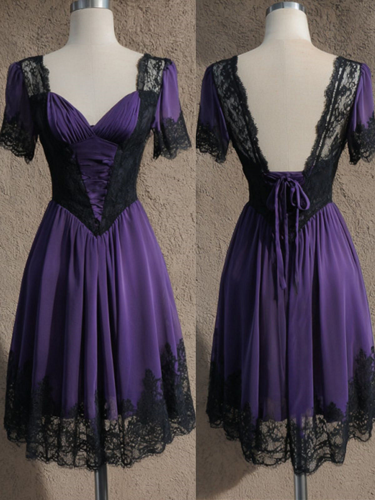 A-line Purple Chiffon with Black Lace Wedding Party Dress, Purple Short Homecoming Dress