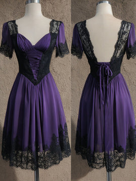 A-line Purple Chiffon with Black Lace Wedding Party Dress, Purple Short Homecoming Dress