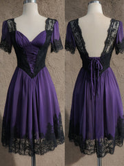 A-line Purple Chiffon with Black Lace Wedding Party Dress, Purple Short Homecoming Dress