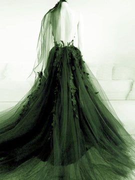 A-line Tulle Green Long Party Dress with Lace Applique, Green Tulle Evening Dress Prom Dress