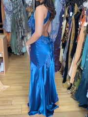 A-line Blue V-neckline Low Back Satin with Lace Party Dress, Blue Satin Evening Dress