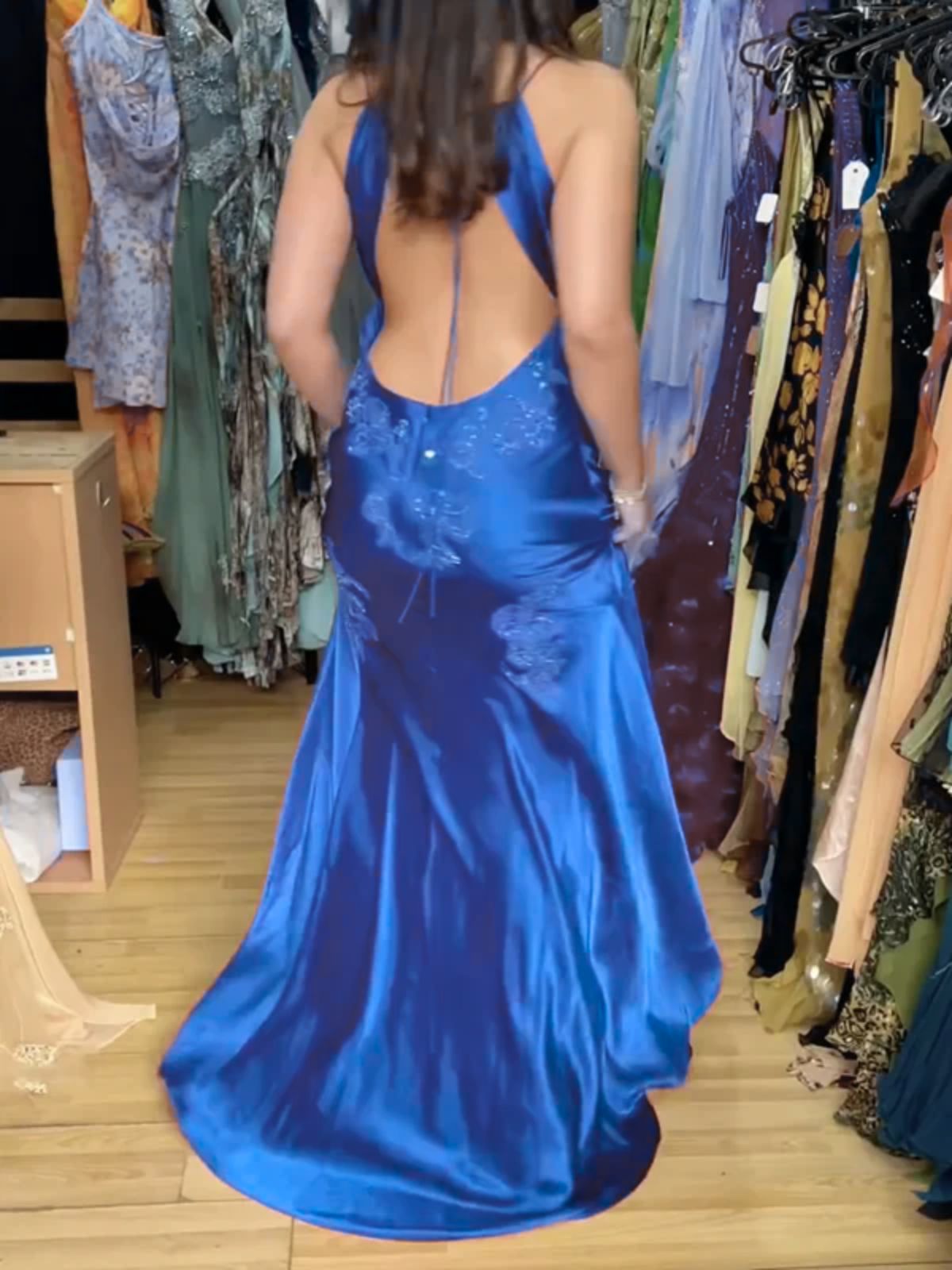 A-line Blue V-neckline Low Back Satin with Lace Party Dress, Blue Satin Evening Dress
