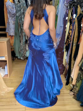 A-line Blue V-neckline Low Back Satin with Lace Party Dress, Blue Satin Evening Dress