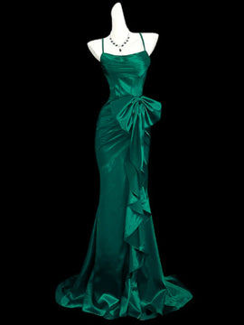 Green Satin Straps Mermaid Lace-up Party Dress, Green Satin Long Formal Dress Prom Dress