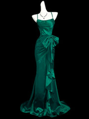 Green Satin Straps Mermaid Lace-up Party Dress, Green Satin Long Formal Dress Prom Dress