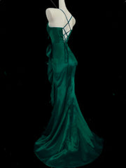Green Satin Straps Mermaid Lace-up Party Dress, Green Satin Long Formal Dress Prom Dress