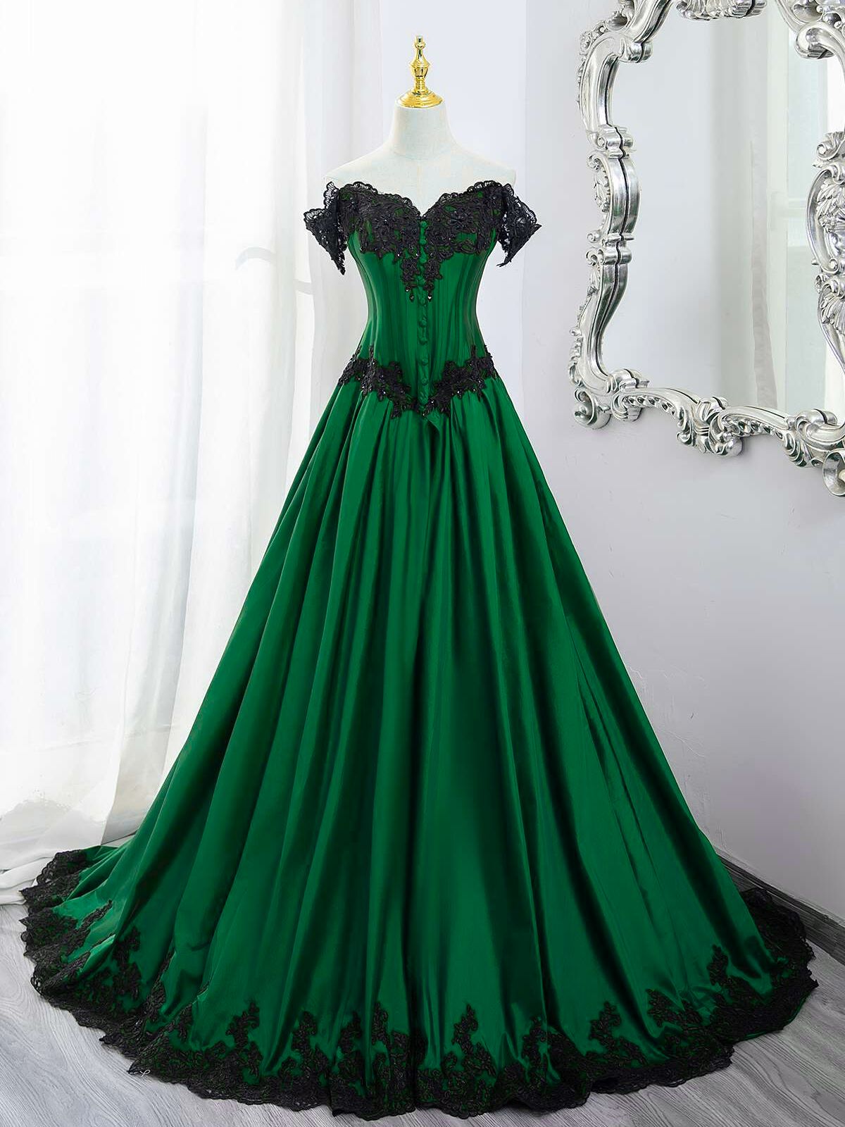 A-line Green Taffeta with Black Lace Long Formal Dress, Green Taffeta Evening Dress Prom Dress