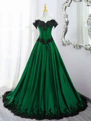 A-line Green Taffeta with Black Lace Long Formal Dress, Green Taffeta Evening Dress Prom Dress