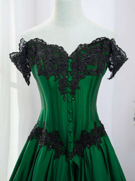 A-line Green Taffeta with Black Lace Long Formal Dress, Green Taffeta Evening Dress Prom Dress