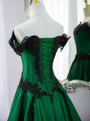 A-line Green Taffeta with Black Lace Long Formal Dress, Green Taffeta Evening Dress Prom Dress