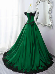 A-line Green Taffeta with Black Lace Long Formal Dress, Green Taffeta Evening Dress Prom Dress