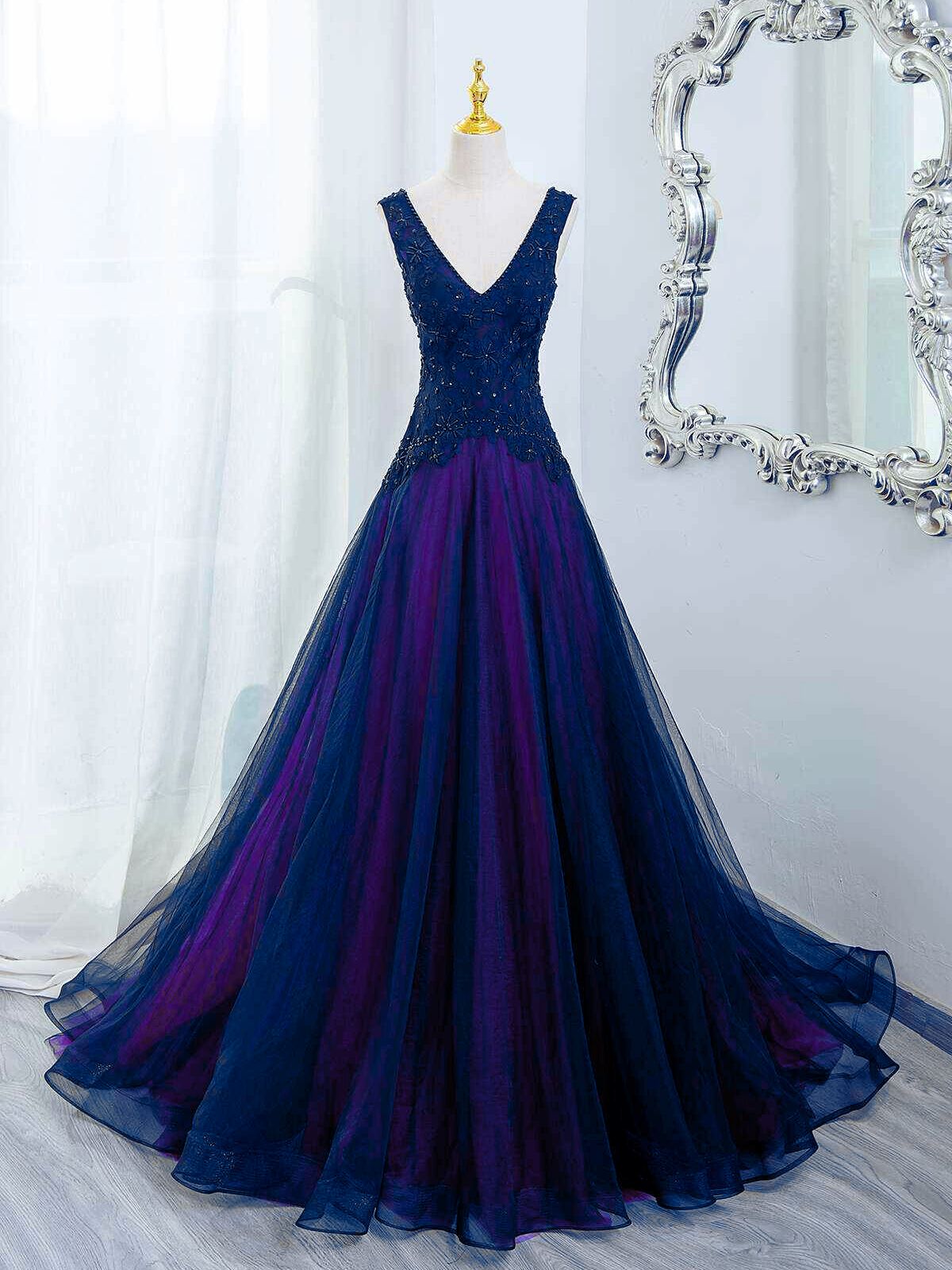 A-line Blue and Purple V-neckline Tulle Party Dress, Blue and Purple Floor Length Prom Dress