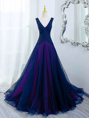 A-line Blue and Purple V-neckline Tulle Party Dress, Blue and Purple Floor Length Prom Dress