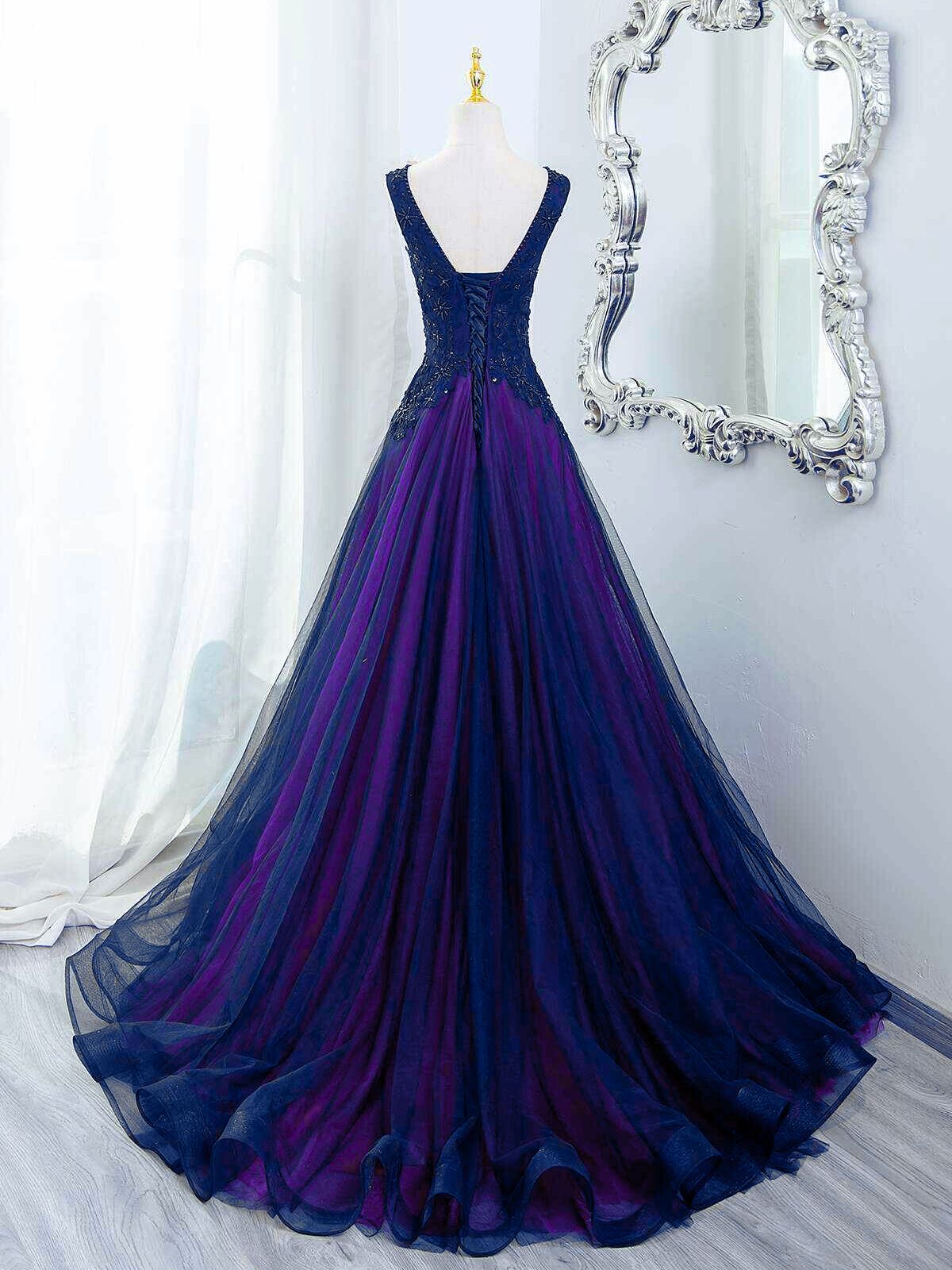 A-line Blue and Purple V-neckline Tulle Party Dress, Blue and Purple Floor Length Prom Dress