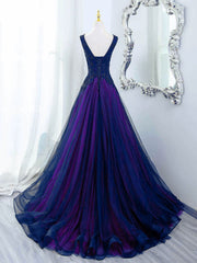 A-line Blue and Purple V-neckline Tulle Party Dress, Blue and Purple Floor Length Prom Dress