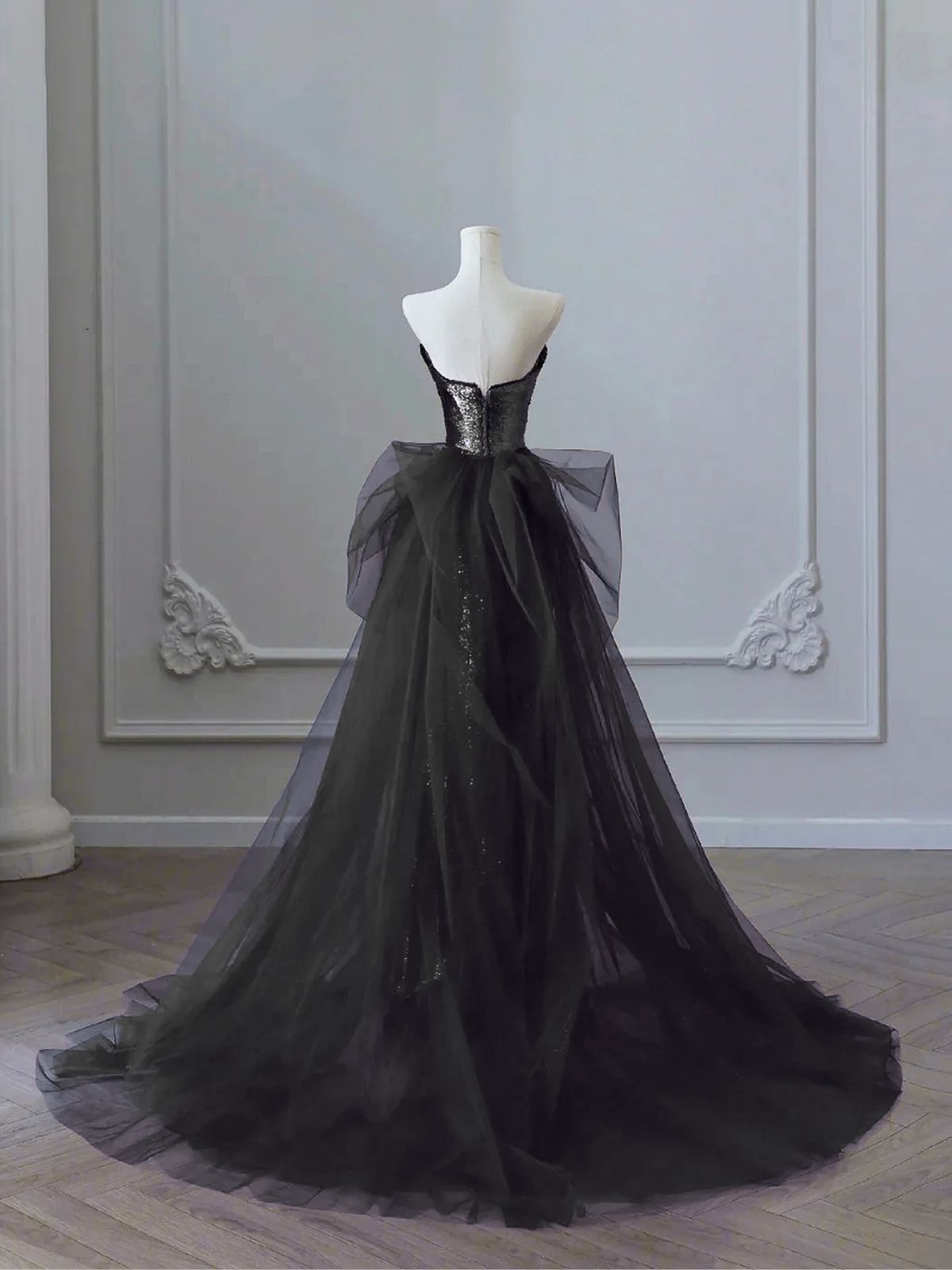 Black Sequins and Tulle Beaded Long Party Dress, Black Sequins A-line Prom Dress