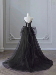 Black Sequins and Tulle Beaded Long Party Dress, Black Sequins A-line Prom Dress