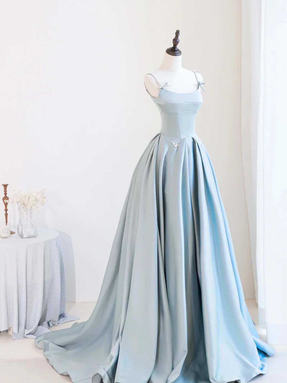 Blue Satin Beaded Round Neckline Prom Dress, Blue Satin A-line Floor Length Party Dress