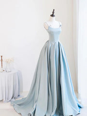 Blue Satin Beaded Round Neckline Prom Dress, Blue Satin A-line Floor Length Party Dress
