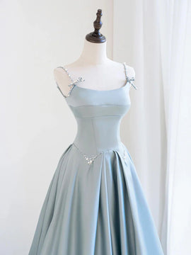 Blue Satin Beaded Round Neckline Prom Dress, Blue Satin A-line Floor Length Party Dress