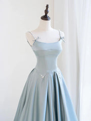 Blue Satin Beaded Round Neckline Prom Dress, Blue Satin A-line Floor Length Party Dress
