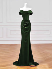 Green Velvet Off Shoulder Mermaid Long Formal Dress, Green Velvet Wedding Party Dress