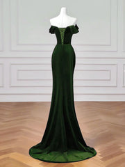 Green Velvet Off Shoulder Mermaid Long Formal Dress, Green Velvet Wedding Party Dress