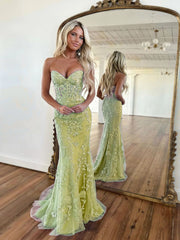 Green Tulle with Lace Applique Sweetheart Formal Dress, Green Mermaid Long Prom Dress