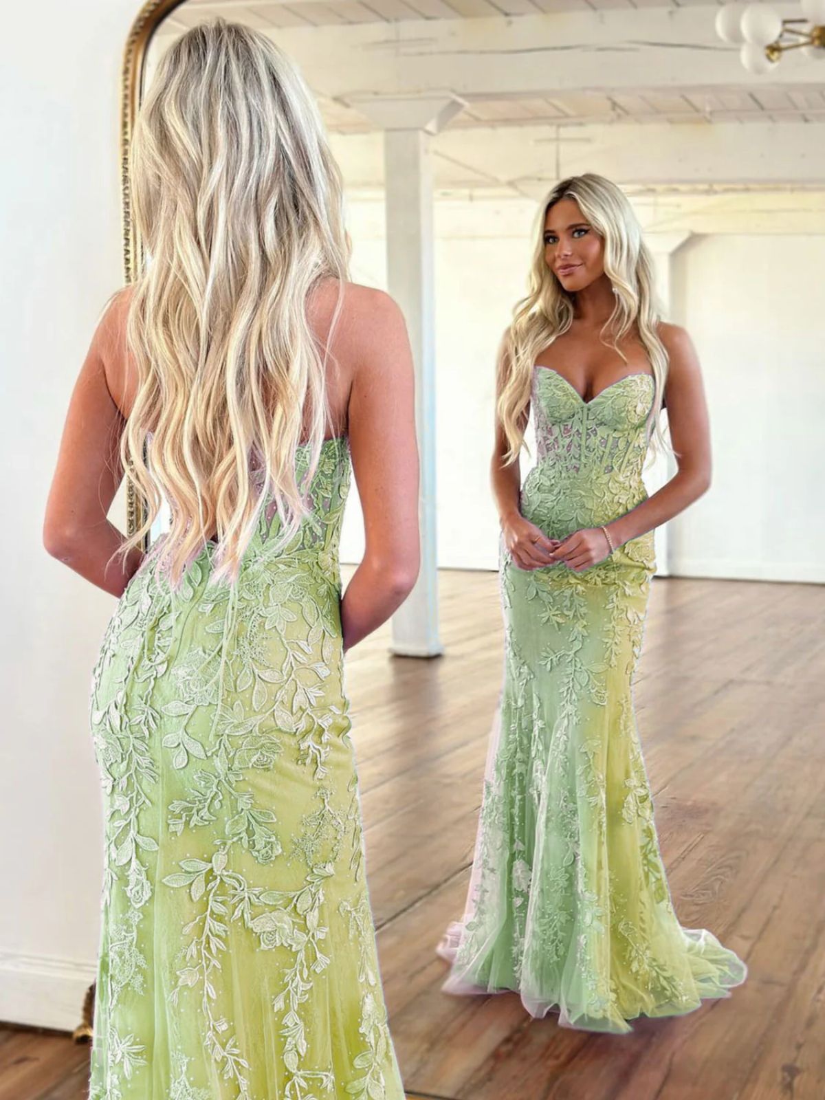 Green Tulle with Lace Applique Sweetheart Formal Dress, Green Mermaid Long Prom Dress