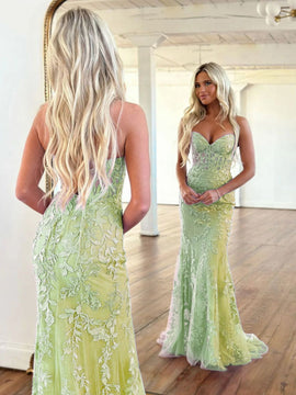 Green Tulle with Lace Applique Sweetheart Formal Dress, Green Mermaid Long Prom Dress