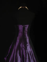 Elegant Purple Taffeta Beaded A-Line Strapless Long Evening Dress, Purple Beaded Scoop Prom Dress