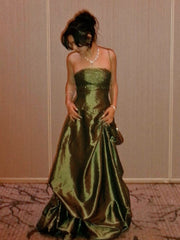 Green Taffeta Beaded Strapless Long Formal Dress, Green A-line Floor Length Prom Dress