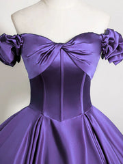 Purple Satin Long Prom Dress Formal Gowns, Purple Sweetheart Evening Dress