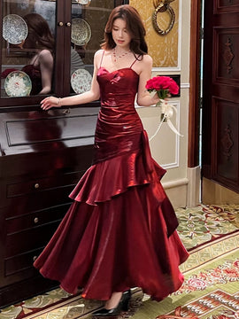 Wine Red Satin Mermaid Straps Long Evening Dress, Wine Red Satin Prom Dress Formal Dress