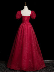 Cute Wine Red Beaded Short Sleevs A-line Party Dress, Wine Red Tulle Long Prom Dress