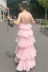 Pink Chiffon Backless A-line Layers Prom Dress, Pink Chiffon Party Dress Evening Dress