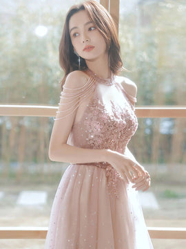 Pink Halter Sequins and Lace Applique Party Dress, Pink Tulle Long Prom Dress