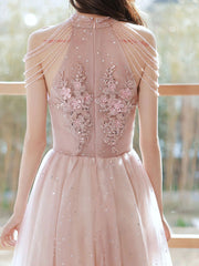 Pink Halter Sequins and Lace Applique Party Dress, Pink Tulle Long Prom Dress