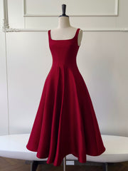 Wine Red Tea Length Straps Short Party Dress, Wine Red Scoop Homecoming Dress