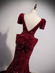 Wine Red Mermaid Sequins Long Prom Dress Party Dress, Wine Red Long Evening Dress