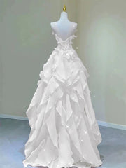 Lovely Layers Organza Beaded A-line Floor Length Party Dress, White Long Prom Dress