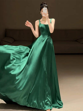 Green Satin A-line Straps Scoop Long Party Dress, Green Satin Evening Dress Prom Dress