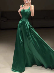 Green Satin A-line Straps Scoop Long Party Dress, Green Satin Evening Dress Prom Dress