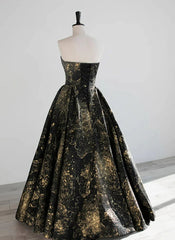 Black Floral Satin Sweetheart Strapless Long Party Dress, Black Satin Evening Dress