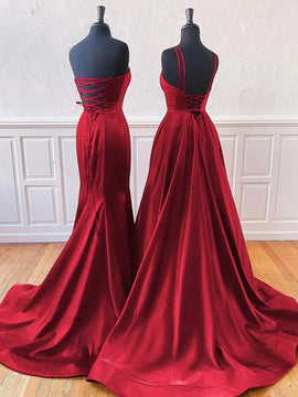 Wine Red Satin Simple Style A-line Lace-up Formal Dress, Wine Red Satin Long Evening Dress