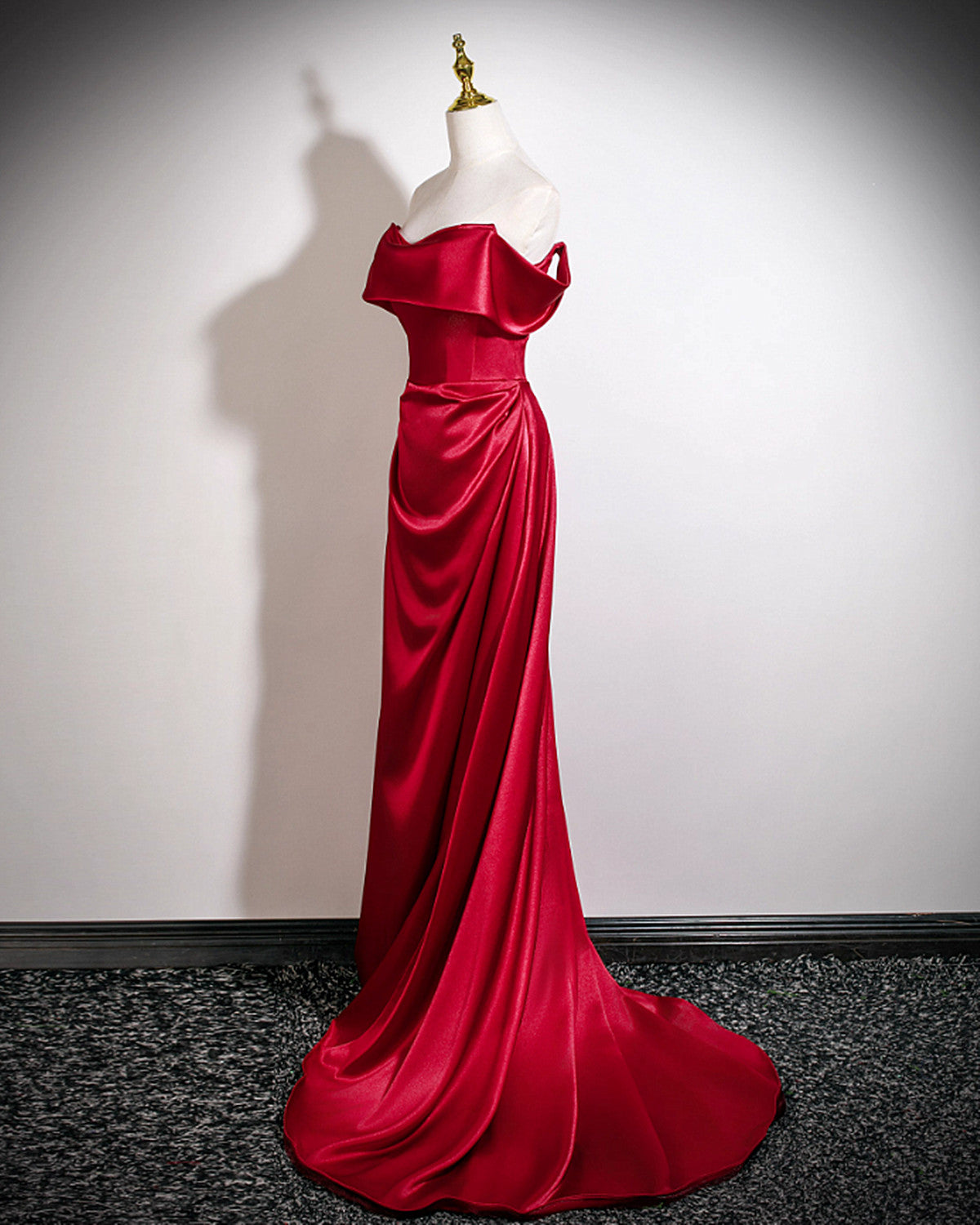 Wine Red Off Shoulder Soft Satin Floor Length Formal Dress, Wine Red Satin Long Prom Dress