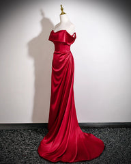 Wine Red Off Shoulder Soft Satin Floor Length Formal Dress, Wine Red Satin Long Prom Dress