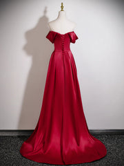 Wine Red Off Shoulder Soft Satin Floor Length Formal Dress, Wine Red Satin Long Prom Dress