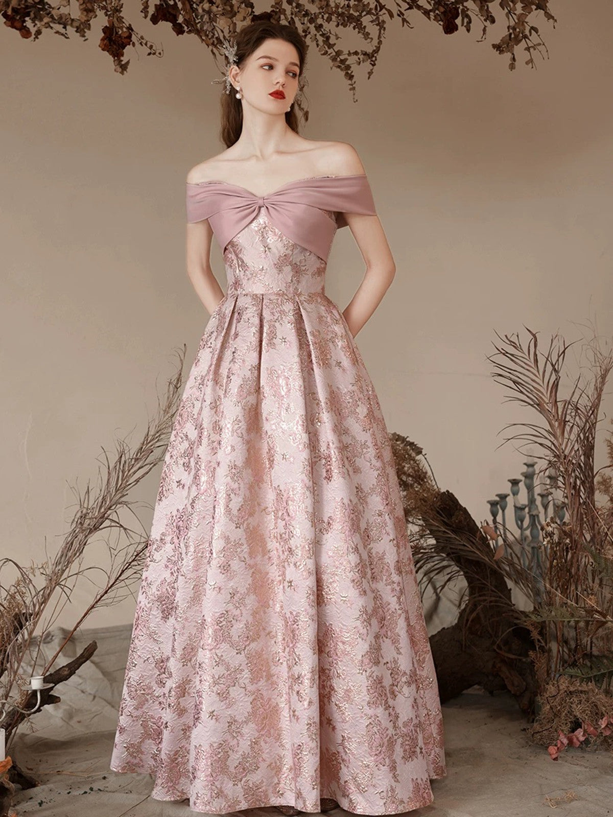 A-Line Pink Floral Satin Off Shoulder Long Prom Dress, Pink Satin Floor Length Evening Dress