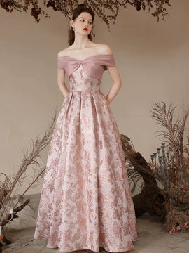 A-Line Pink Floral Satin Off Shoulder Long Prom Dress, Pink Satin Floor Length Evening Dress